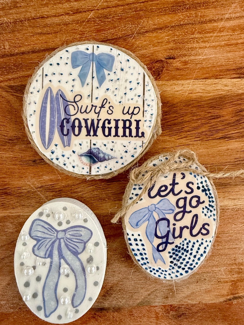 Handmade Coastal Cowgirl Wood Magnets Set of 3 Blue Bow Beach Western Decor.
